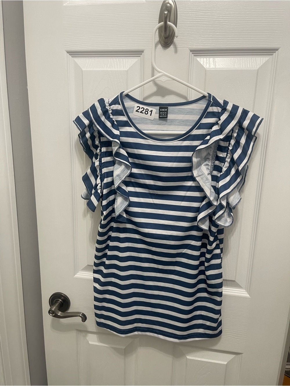 SHEIN Blue & White Striped Ruffle Sleeve Top